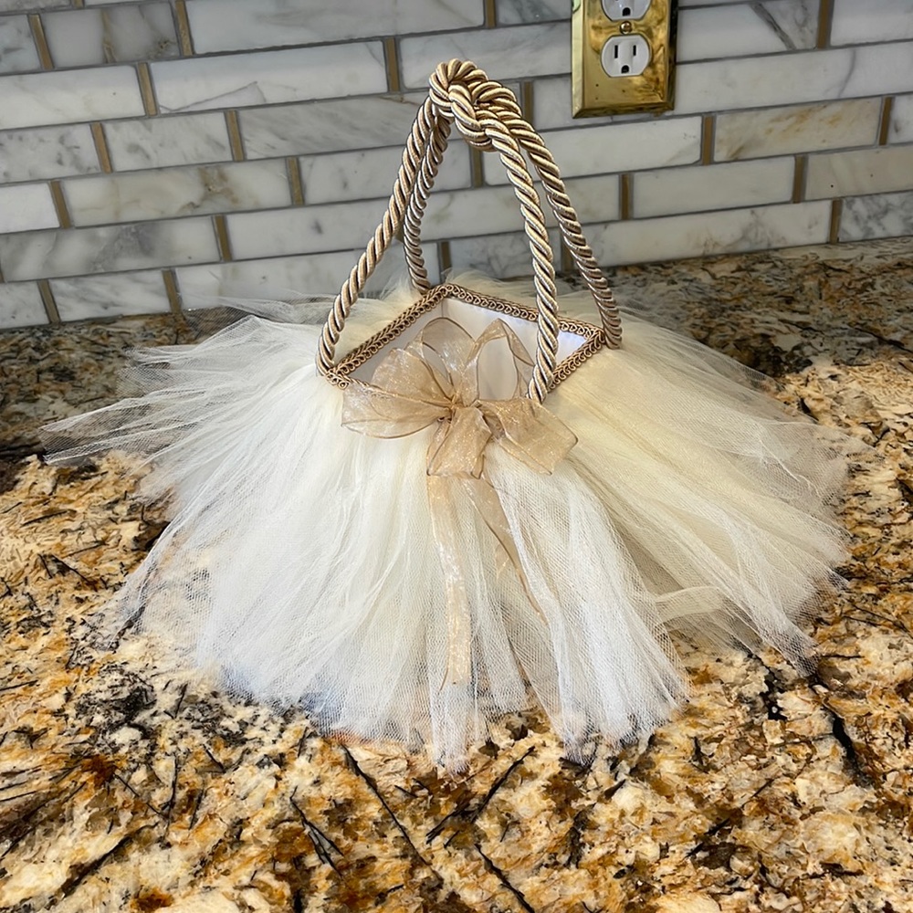 Flower Girl Basket~Cream Tulle with Champagne Accents